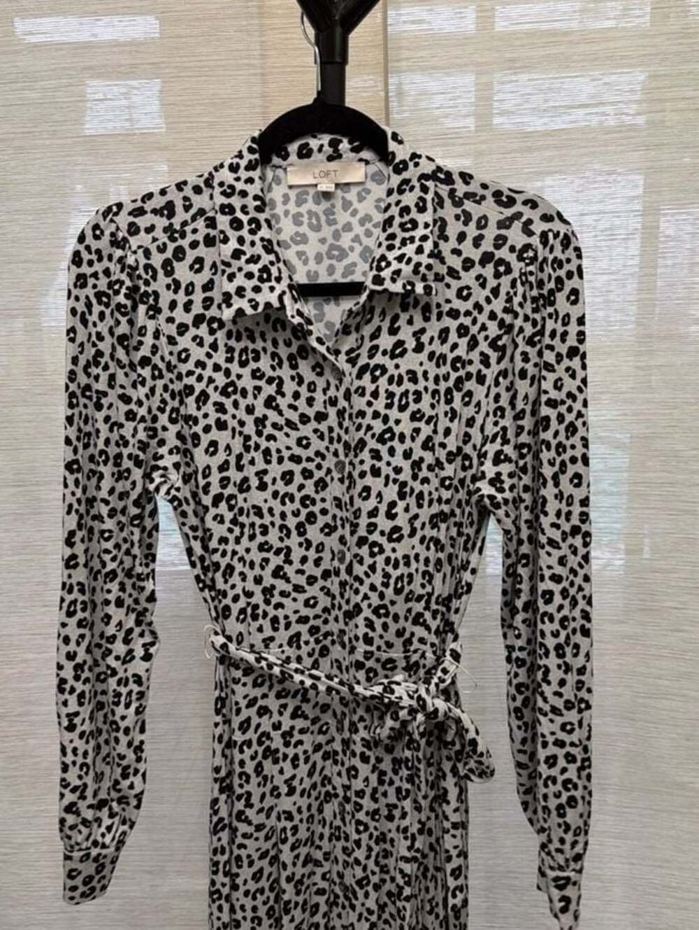 LOFT Leopard Print Long Sleeve Belted Midi Shirt Dress